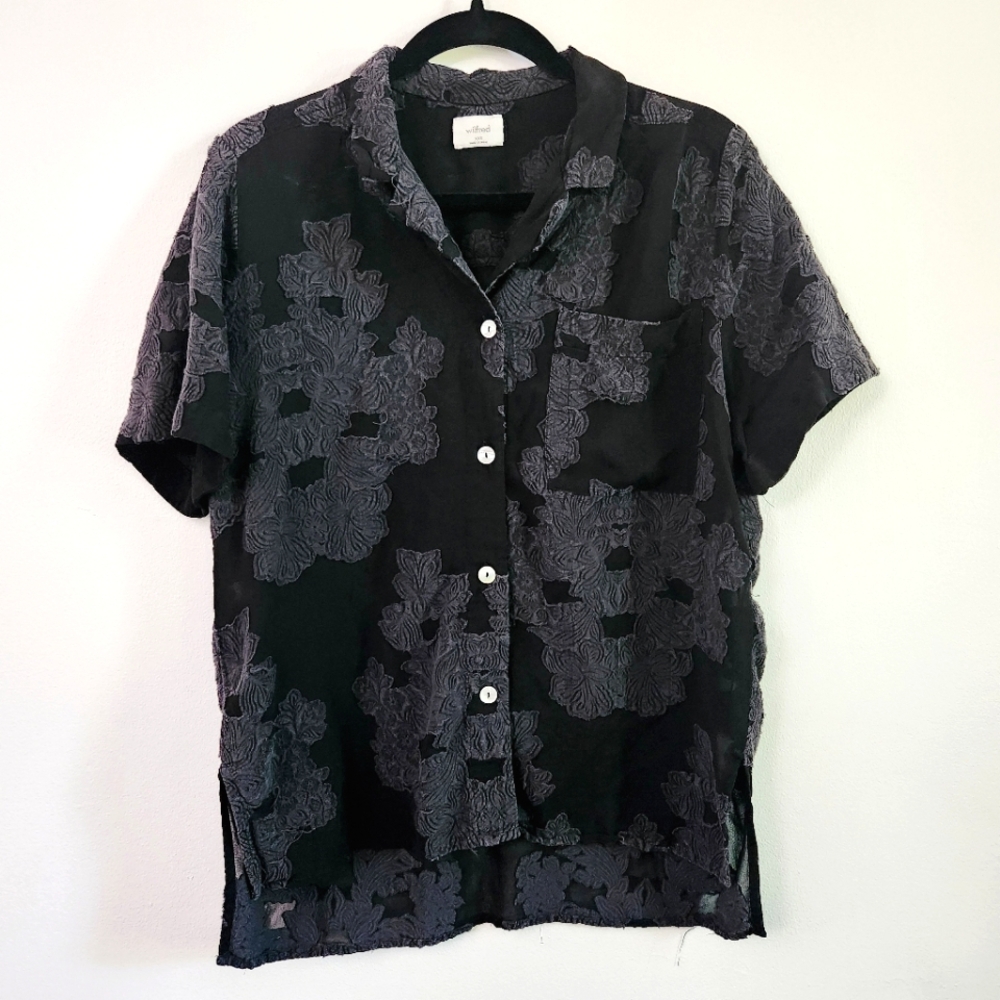 Aritzia Black Floral Sheer Burnout Short Sleeve Collared Buttondown Blouse